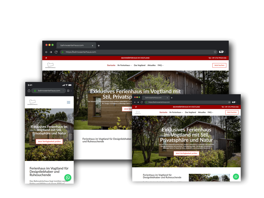 Vorschau der Webseite bahnwaerterhaus.com auf Desktop, Tablet und Smartphone – responsive Webdesign von NetzDevs
