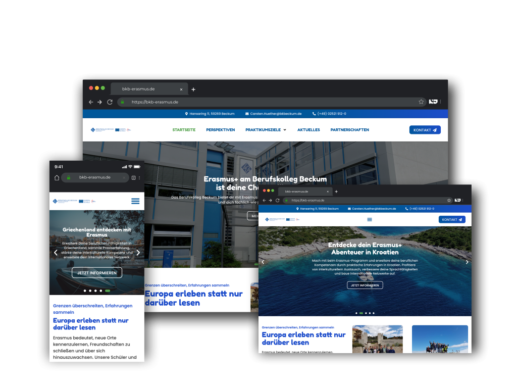 Responsive Darstellung der Erasmus-Webseite des Berufskollegs Beckum auf Smartphone, Tablet und Desktop – Design & Entwicklung von NetzDevs