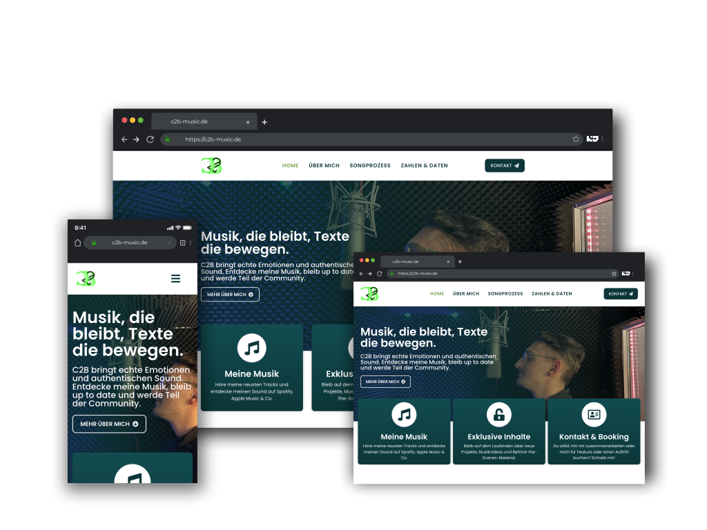 Responsive Webseite von C2B auf Smartphone, Tablet und Desktop – Darstellung von Musikportfolio, Songprozess und Buchungsoptionen