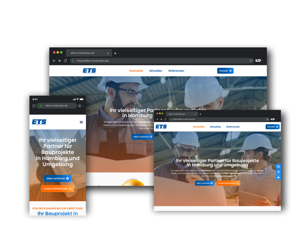 Responsive Darstellung der Webseite von Elbe Trockenbau auf Mobilgerät, Tablet und Desktop – Bauunternehmen aus Hamburg
