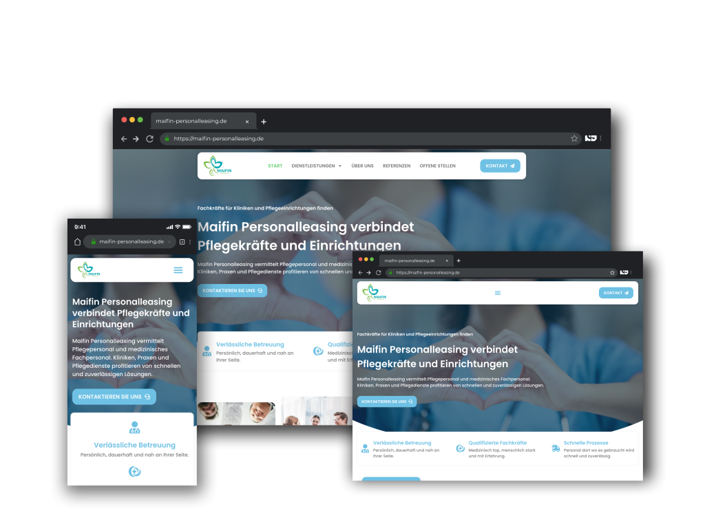 Responsive Vorschau der Webseite maifin-personalleasing.de auf Smartphone, Tablet und Desktop – Webentwicklung durch NetzDevs